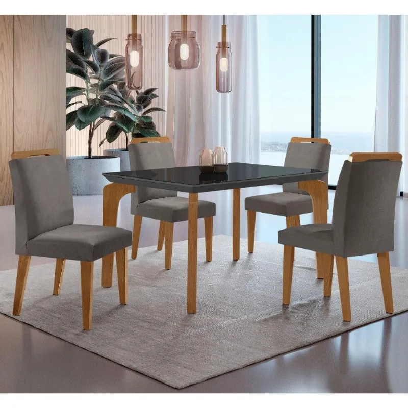 Conjunto Mesa Liz 120cm Com Vidro 4 Cadeiras Athenas Mod... Vel.grafite Grafite Imbuia Serig. Grafit