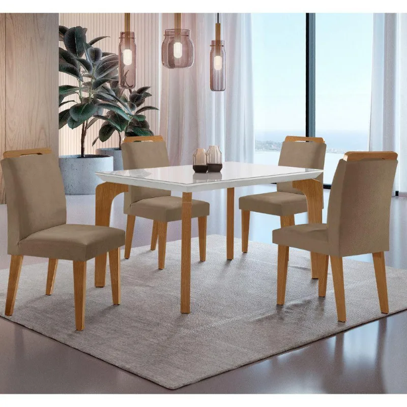 Conjunto Mesa Liz 120cm Com Vidro 4 Cadeiras Athenas Moderna Veludo Capuccino Off White Imbuia
