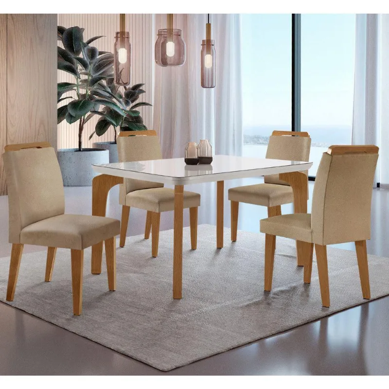 Conjunto Mesa Liz 120cm Com Vidro Cp 4 Cadeiras Athenas Moderna Turim Off White Imbuia