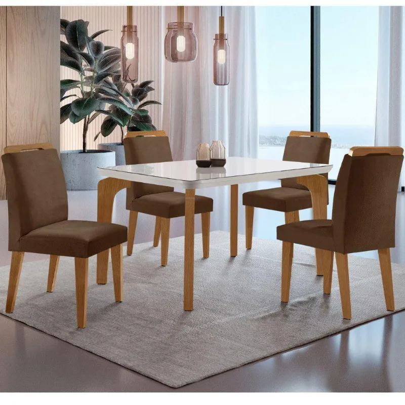Conjunto Mesa Liz 120cm Com Vidro Cp 4 Cadeiras Athenas Moderna Veludo Marrom Off White Imbuia