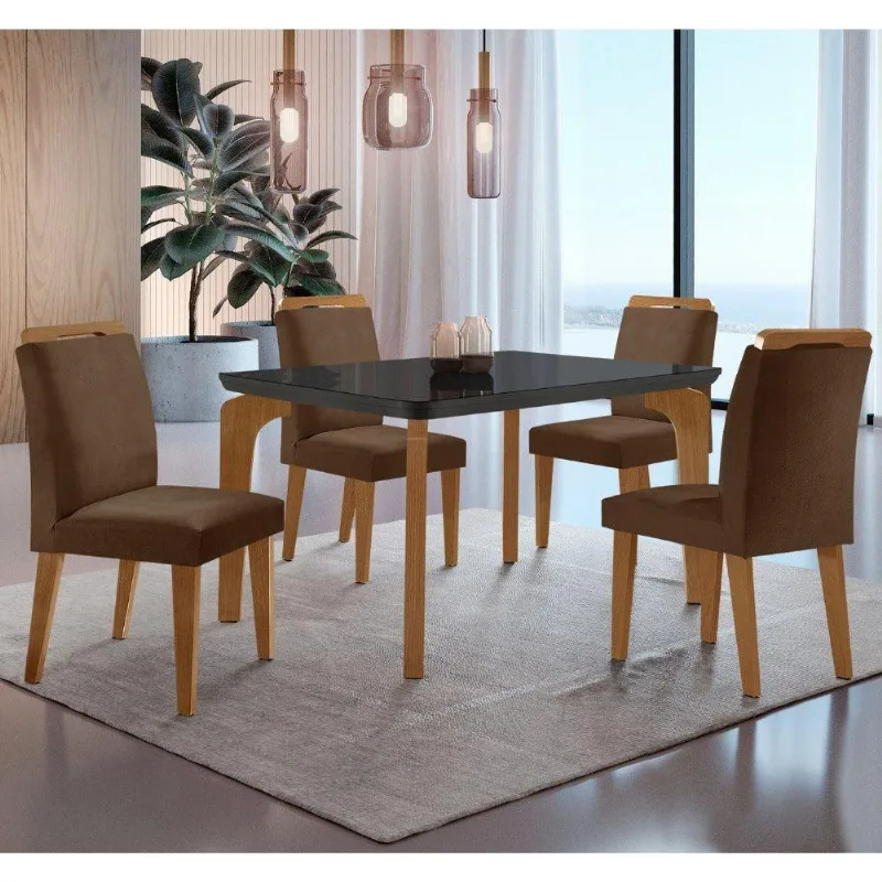 Conjunto Mesa Liz 120cm Com Vidro 4 Cadeiras Athenas Mod... Vel. Marrom Grafite Imbuia Serig. Grafit
