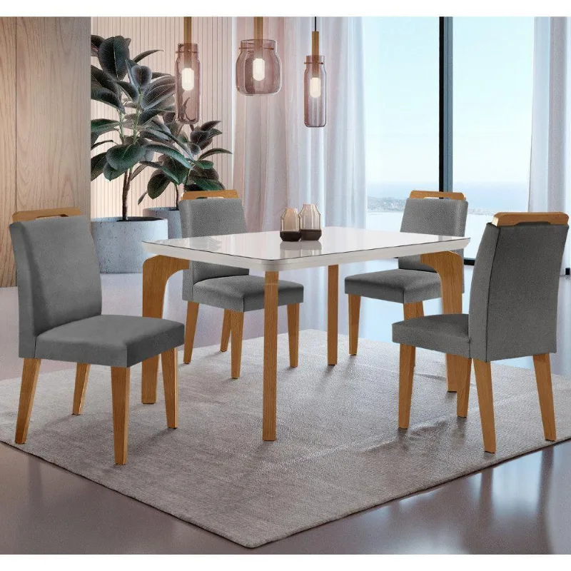 Conjunto Mesa Liz 120cm Com Vidro Cp 4 Cadeiras Athenas Moderna Linho Grafite Off White Imbuia