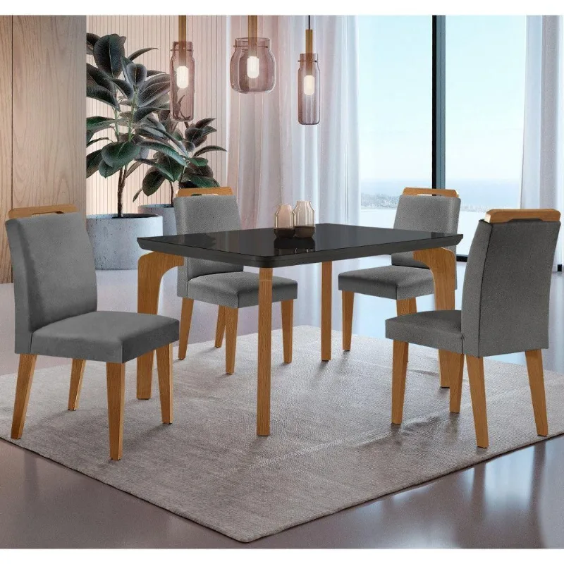 Conjunto Mesa Liz 120cm Com Vidro 4 Cadeiras Athenas Mod... Lin. Grafite Grafite Imbuia Serig. Grafi