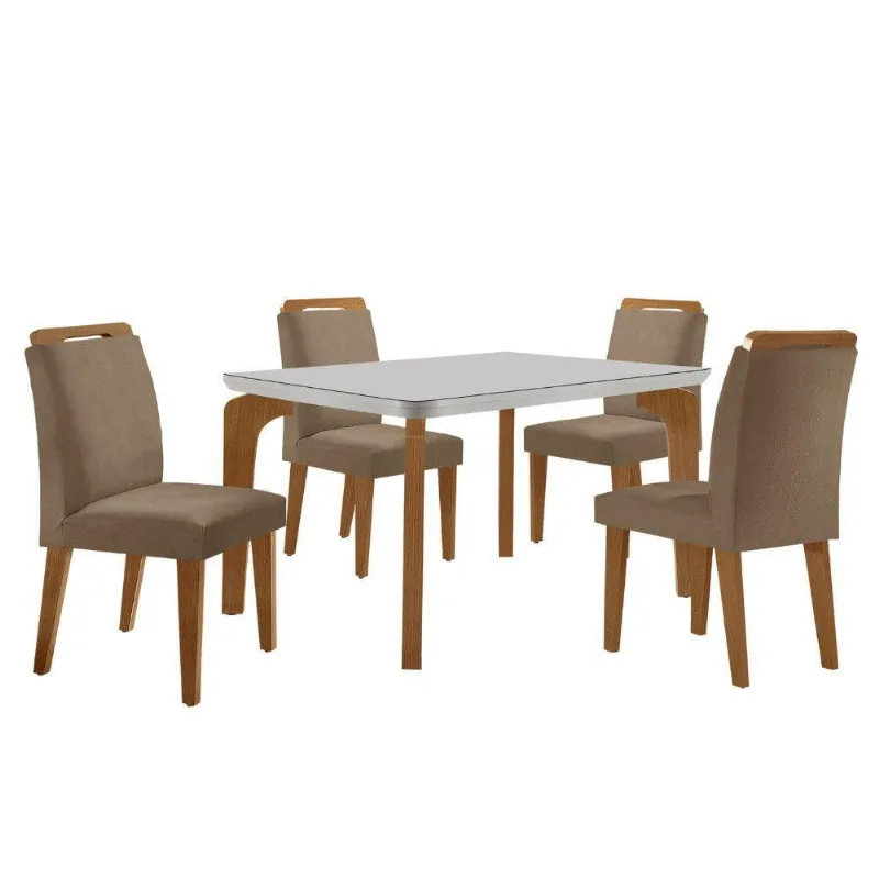 Conjunto Mesa Liz 120cm Com Vidro Cp 4 Cadeiras Athenas Moderna Veludo Capuccino Off White Imbuia
