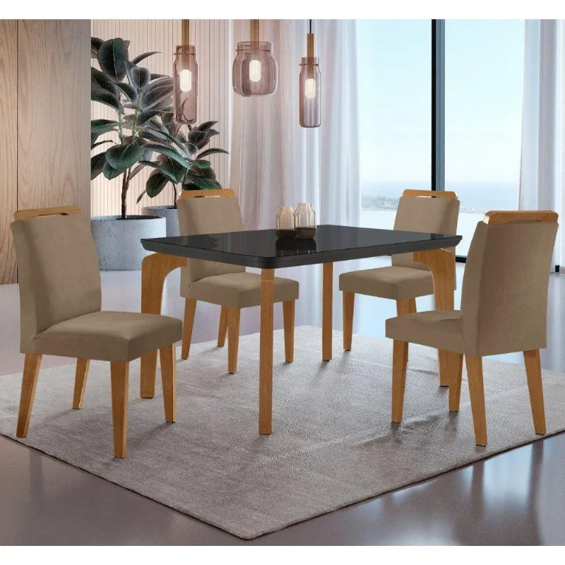 Conjunto Mesa Liz 120cm Com Vidro 4 Cadeiras Athenas Mod... Vel. Capuccino Grafite Imbuia Serig. Gra
