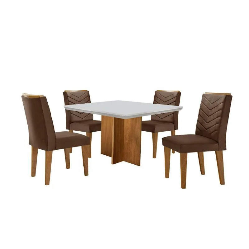 Conjunto Mesa Olímpia 90cm Em Mdf 4 Cadeiras Liz Moderna Veludo Marrom Off White Imbuia
