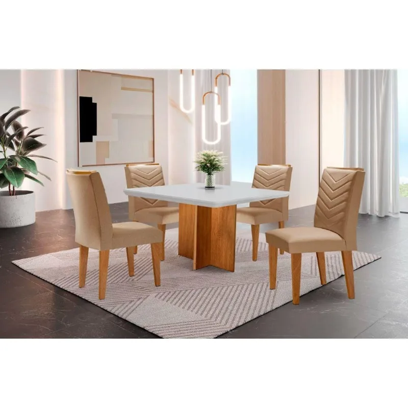 Conjunto Mesa Olímpia 90cm Tampo Mdf 4 Cadeiras Off White