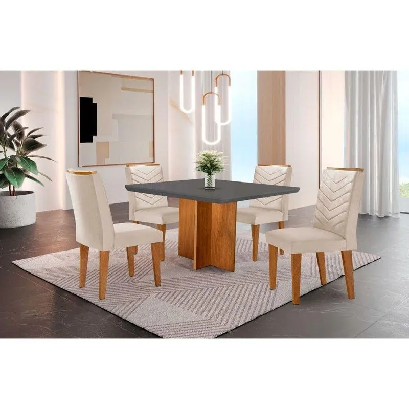 Conjunto Mesa Olímpia 90cm Tampo Em Mdf 4cad Liz Moderna Veludo Creme/grafite/imbuia