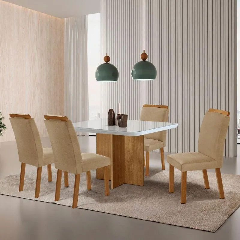 Sala De Jantar Olimpia Athenas 4 Lugares Mesa Com Vidro Canto Copo Mdf Off White Moderna