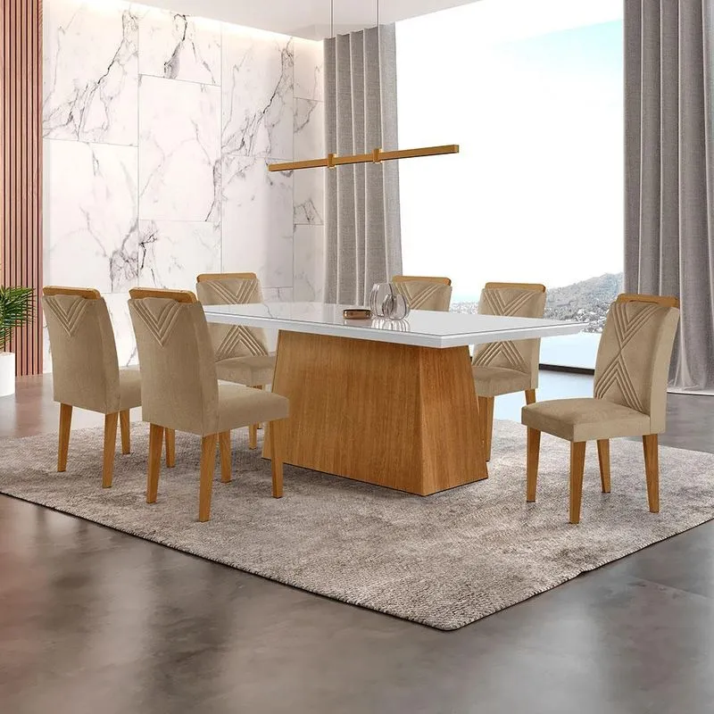 Conjunto de Mesa de Jantar Modern Luna com 6 Cadeiras Italia Vidro e Linho Bege