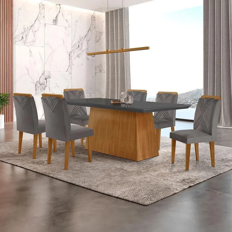Conjunto de Mesa de Jantar Luna com 6 Cadeiras Italia Veludo e Vidro Grafite Imbuia