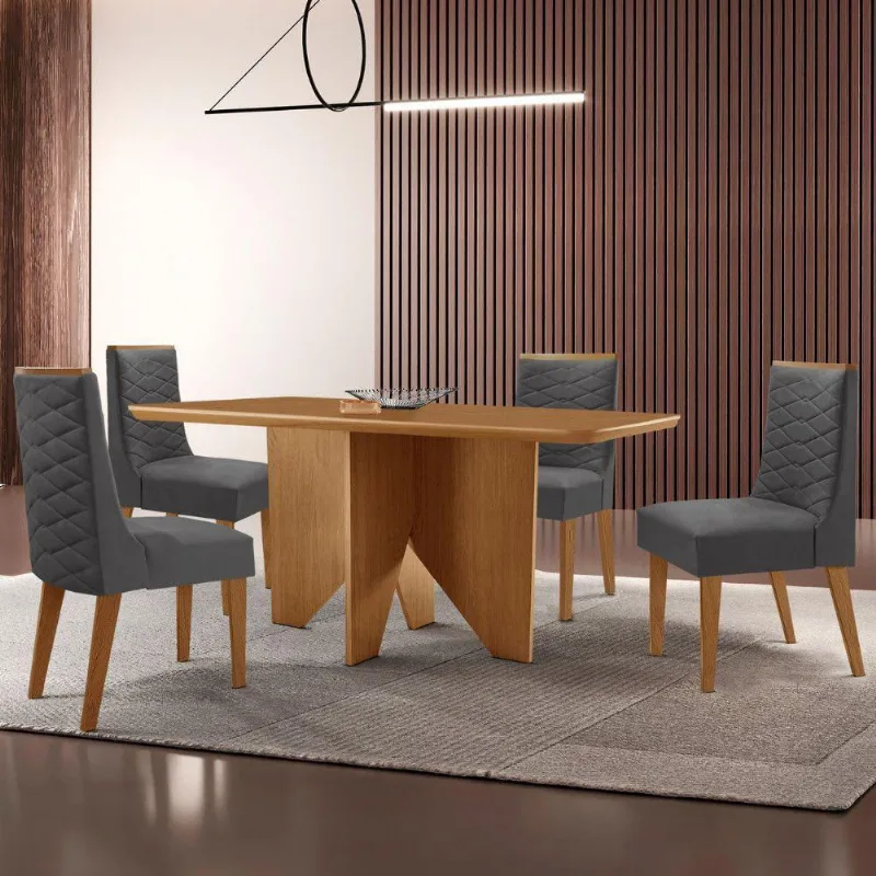 Mesa Evora 120 Mdf Canto Com 4 Cadeiras Safira Veludo Grafite Naturalle