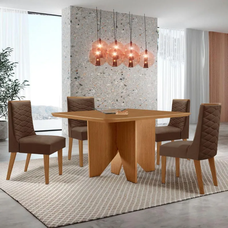 Mesa Evora 90 Mdf Canto Copo E Com 4 Cadeiras Safira Veludo Marrom Naturalle