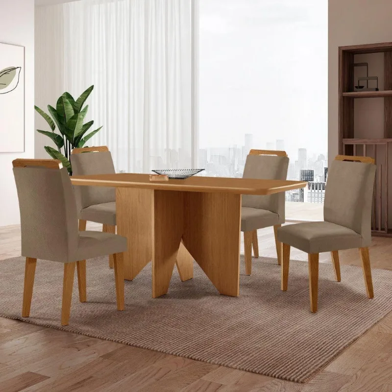 Mesa Evora 120 Mdf Canto Copo E Com 4 Cadeiras Athenas Veludo Capuccino-naturalle-naturalle