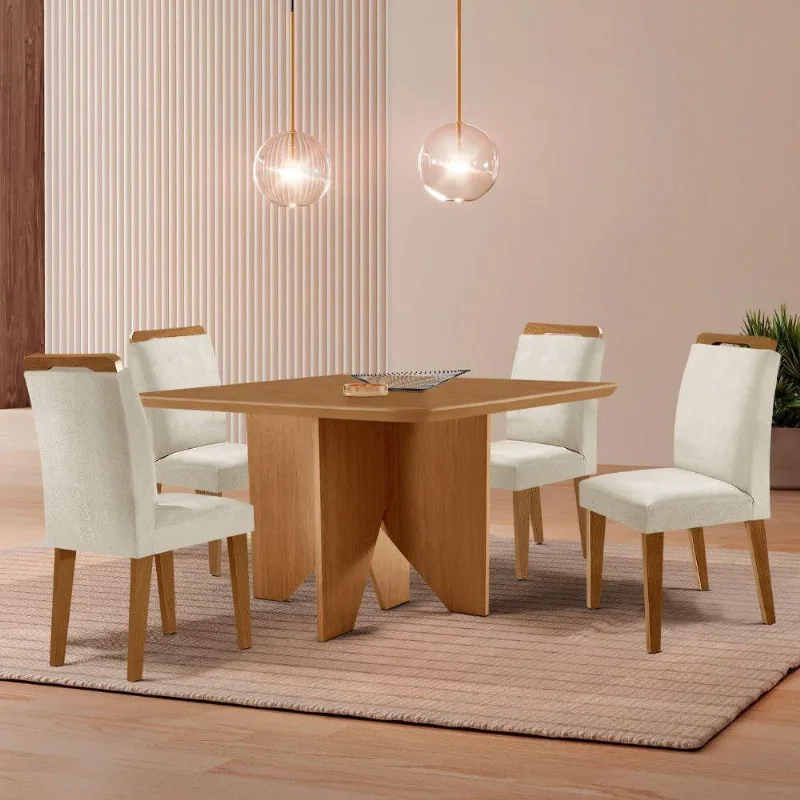 Mesa Evora 90 Mdf Com 4 Cadeiras Athenas Veludo Creme Naturalle