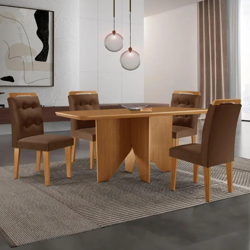 Mesa Evora 120 Mdf Canto Copo E Com 4 Cadeiras Carol Veludo Marrom Naturalle