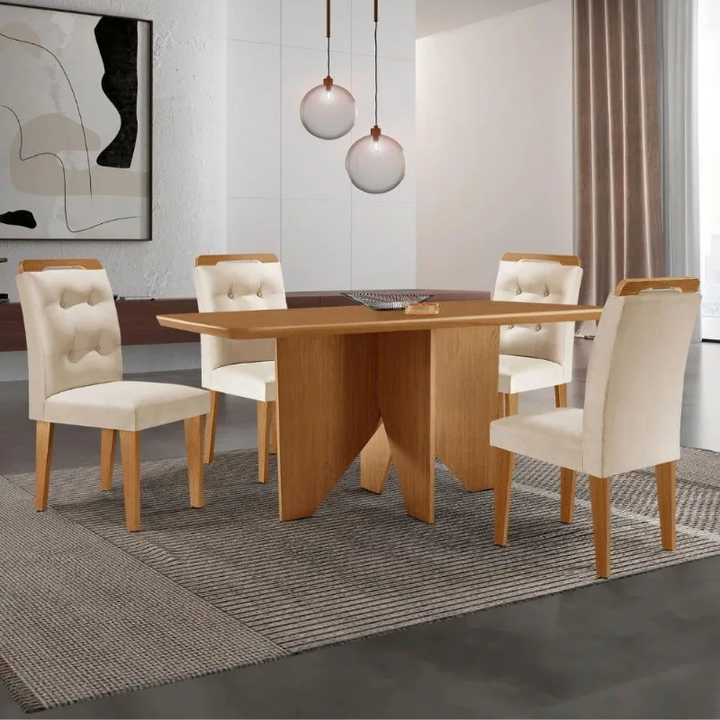 Mesa Evora 120 Mdf Com 4 Cadeiras Carol Veludo Creme-naturalle-naturalle