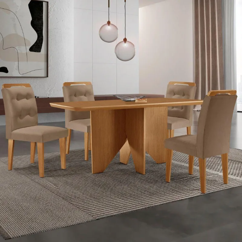 Mesa Evora 120 Mdf Canto Copo E Com 4 Cadeiras Carol Veludo Capuccino Naturalle
