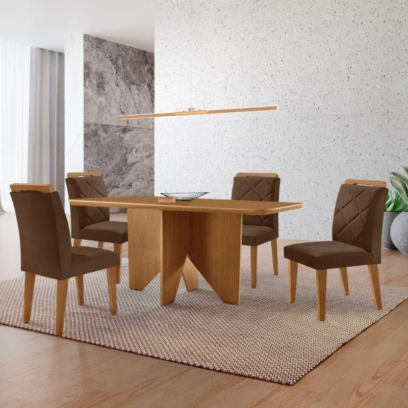 Mesa Evora 120 Mdf Canto Copo E Com 4 Cadeiras Melissa Veludo Marrom-naturalle-naturalle