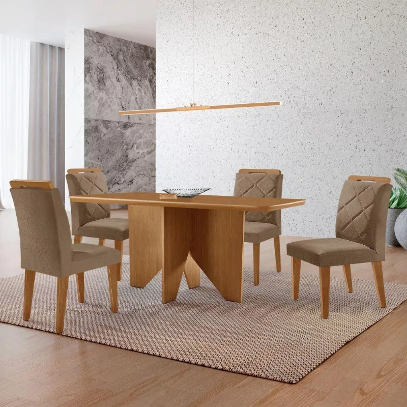Mesa Evora 120 Mdf Canto Copo E Com 4 Cadeiras Melissa Veludo Capuccino Naturalle