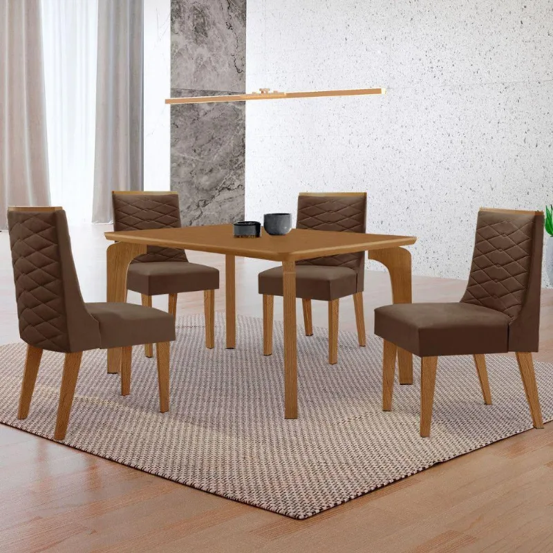 Mesa Liz 120 Mdf Canto Copo E Com 4 Cadeiras Safira Veludo Marrom Naturalle