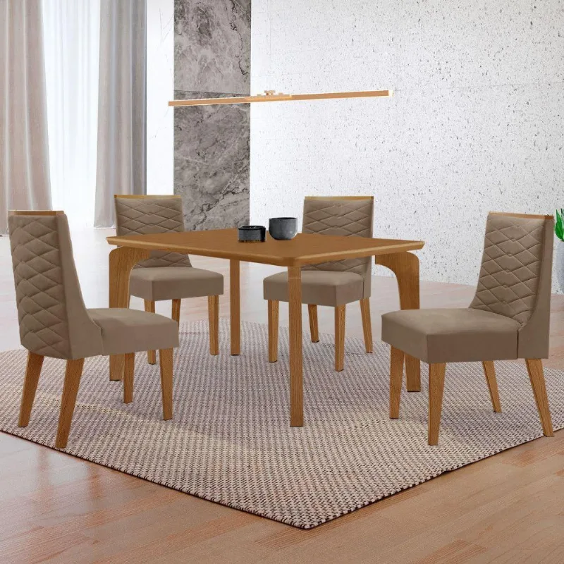 Mesa Liz 120 Mdf Canto Copo E Com 4 Cadeiras Safira Veludo Capuccino Naturalle