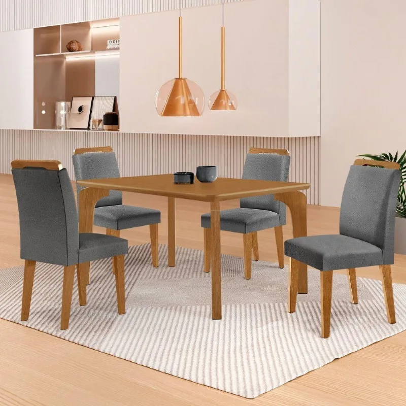 Mesa Liz 120 Mdf Com 4 Cadeiras Athenas Linho Grafite/naturalle/naturalle