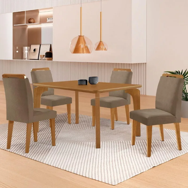 Mesa Liz 120 Mdf Canto Copo E Com 4 Cadeiras Athenas Veludo Capuccino/naturalle/naturalle
