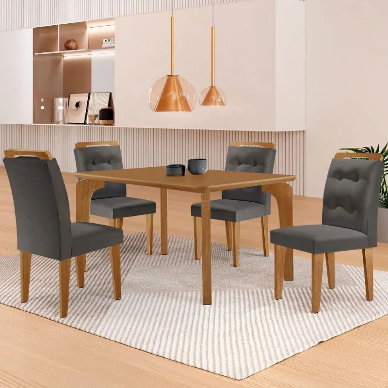 Mesa Liz 120 Mdf Com 4 Cadeiras Carol Veludo Grafite/naturalle/naturalle