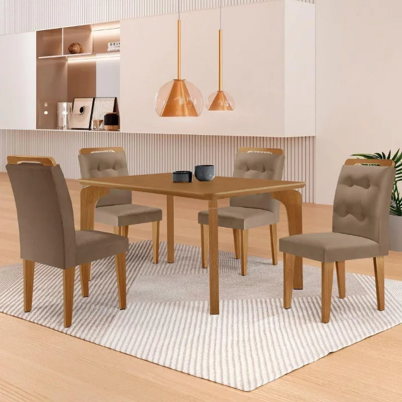 Mesa Liz 120 Mdf Canto Copo E Com 4 Cadeiras Carol Veludo Capuccino/naturalle/naturalle