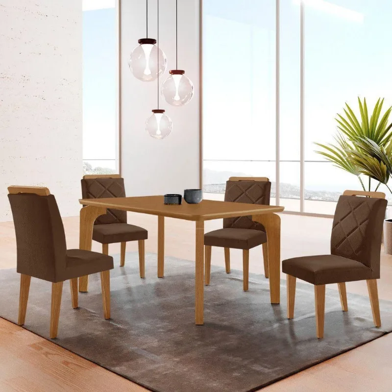 Mesa Liz 120 Mdf Canto Copo E Com 4 Cadeiras Melissa Veludo Marrom/naturalle