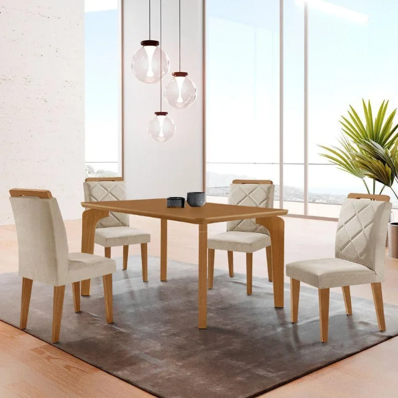 Mesa Liz 120 Mdf Com 4 Cadeiras Melissa Veludo Creme/naturalle/naturalle