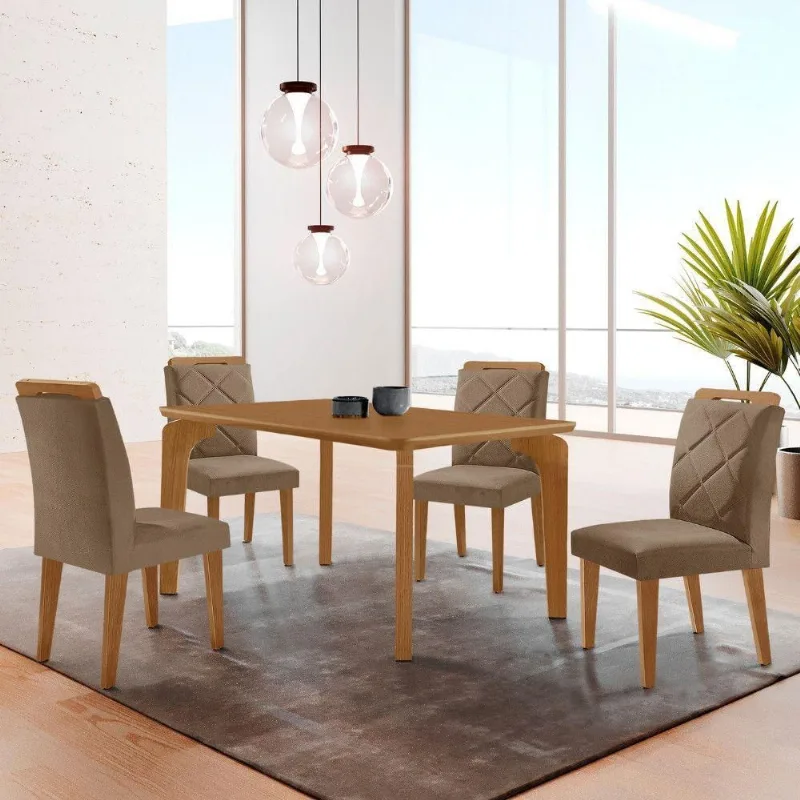 Mesa Liz 120 Mdf Canto Copo E Com 4 Cadeiras Melissa Veludo Capuccino/naturalle