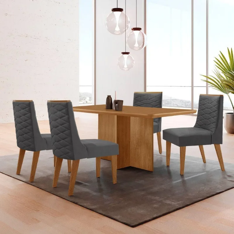 Mesa Olimpia 120 Mdf Com 4 Cadeiras Safira Veludo Grafite/naturalle/naturalle