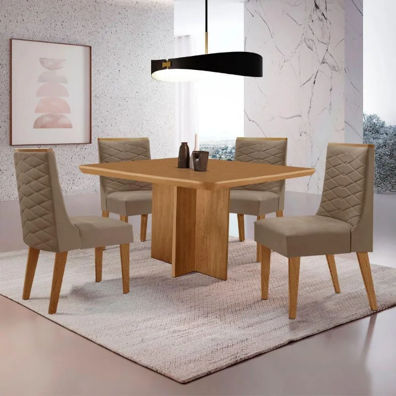 Mesa Olimpia 90 Mdf Canto Copo E Com 4 Cadeiras Safira Veludo Capuccino/naturalle/naturalle