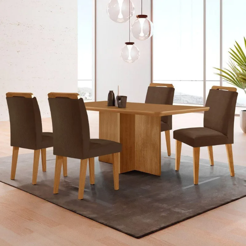 Mesa Olimpia 120 Mdf Canto Copo E Com 4 Cadeiras Athenas Veludo Marrom Naturalle