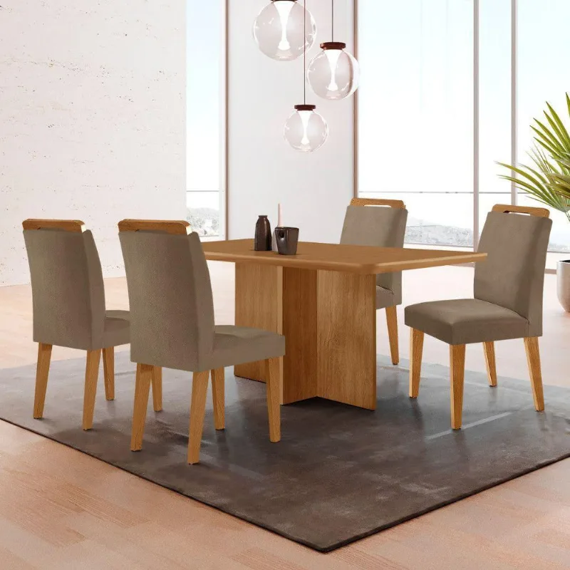 Mesa Olimpia 120 Mdf Canto Copo E Com 4 Cadeiras Athenas Veludo Capuccino Naturalle
