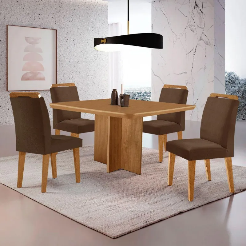 Mesa Olimpia 90 Mdf Canto Copo E Com 4 Cadeiras Athenas Veludo Marrom Naturalle