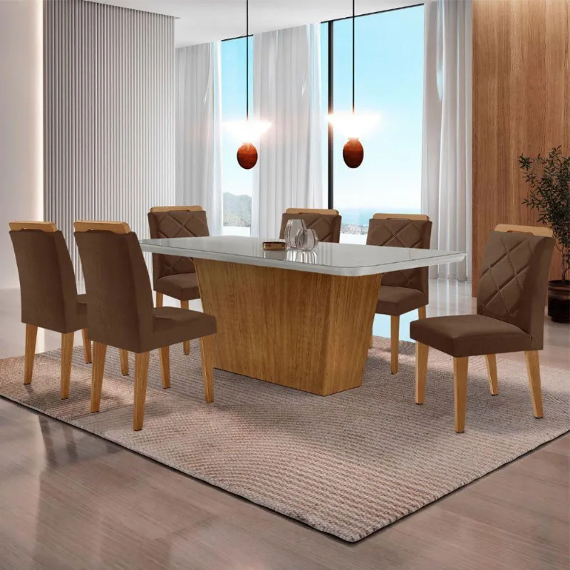 Mesa Sala De Jantar Aida 180cm E 6 Cadeiras Melissa Moderna Vel. Marrom/off White/imbuia