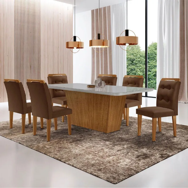 Mesa Aida 180cm Com 6 Cadeiras Carol Moderna Mobília Veludo Marrom/off White/imbuia