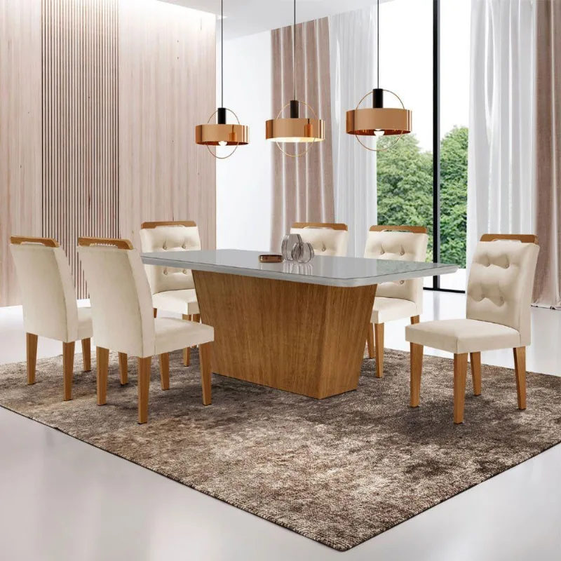 Mesa Aida 180cm Com 6 Cadeiras Carol Moderna Mobília Veludo Creme/off White/imbuia