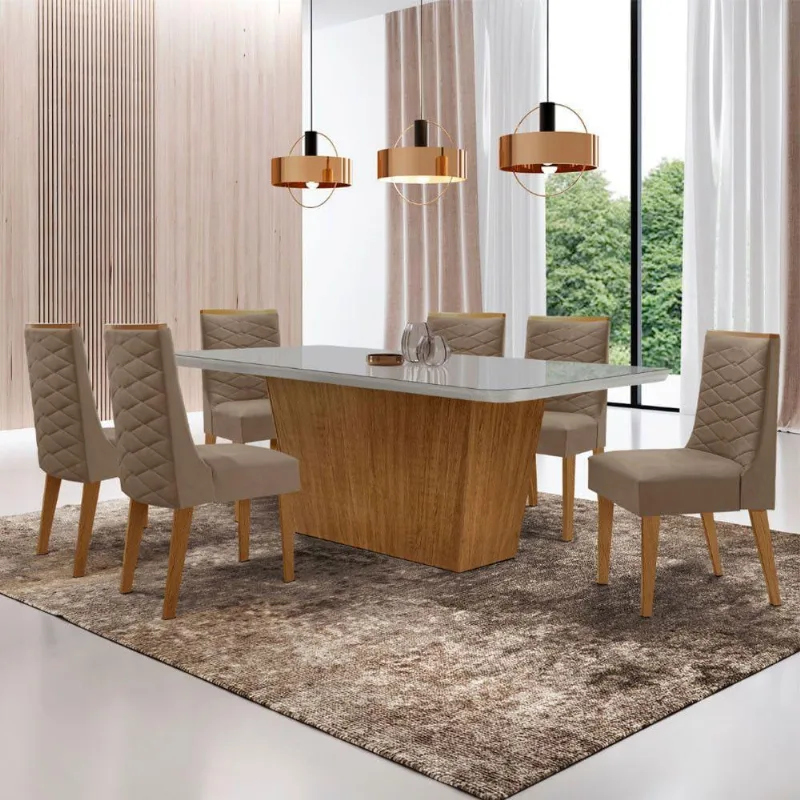 Mesa Para Sala De Jantar Aida Com 6 Cadeiras Safira Moderna Vel. Capuccino Off White Imbuia
