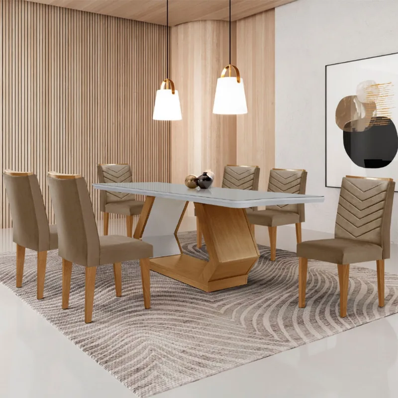 Mesa para Sala de Jantar Alvorada 180cm MDF com Vidro Canto Copo e 6 Cadeiras Liz Moderna Mobília Vel. Capuccino Off White Imbuia