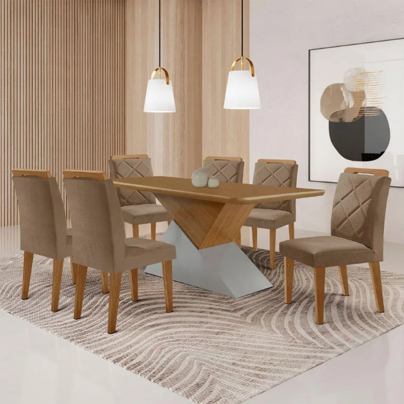 Mesa Sala De Jantar Aster 180cm E 6 Cadeiras Melissa Moderna Veludo Capuccino Off White Imbuia