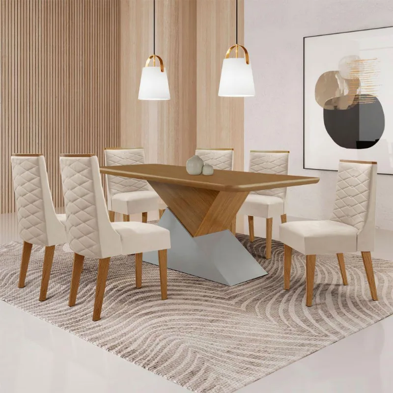 Mesa Sala De Jantar Aster 180cm E 6 Cadeiras Safira Moderna Veludo Creme/off White/imbuia