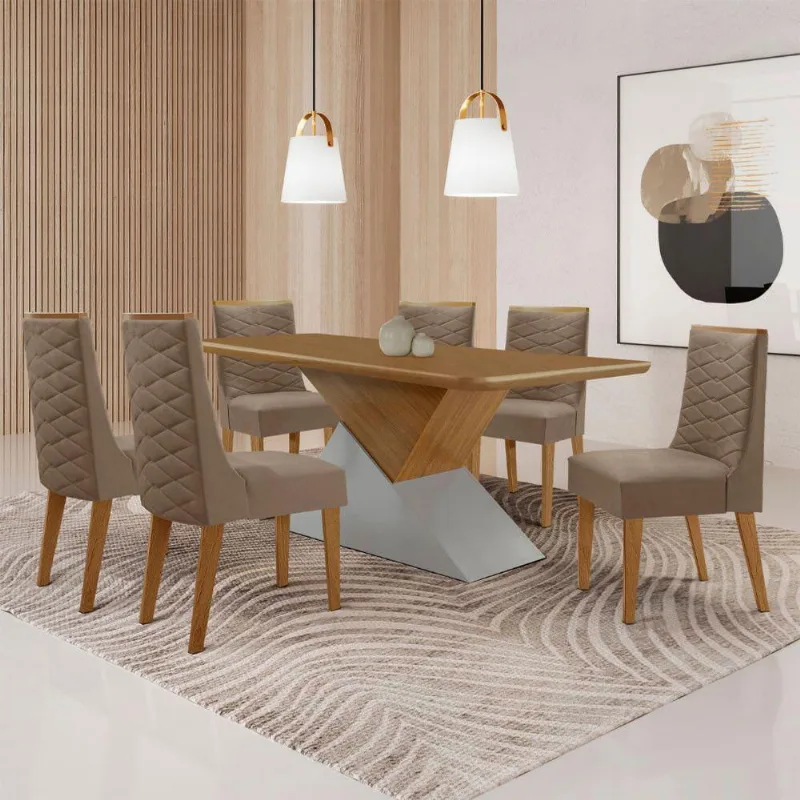 Mesa Sala De Jantar Aster 180cm E 6 Cadeiras Safira Moderna Veludo Capuccino Off White Imbuia