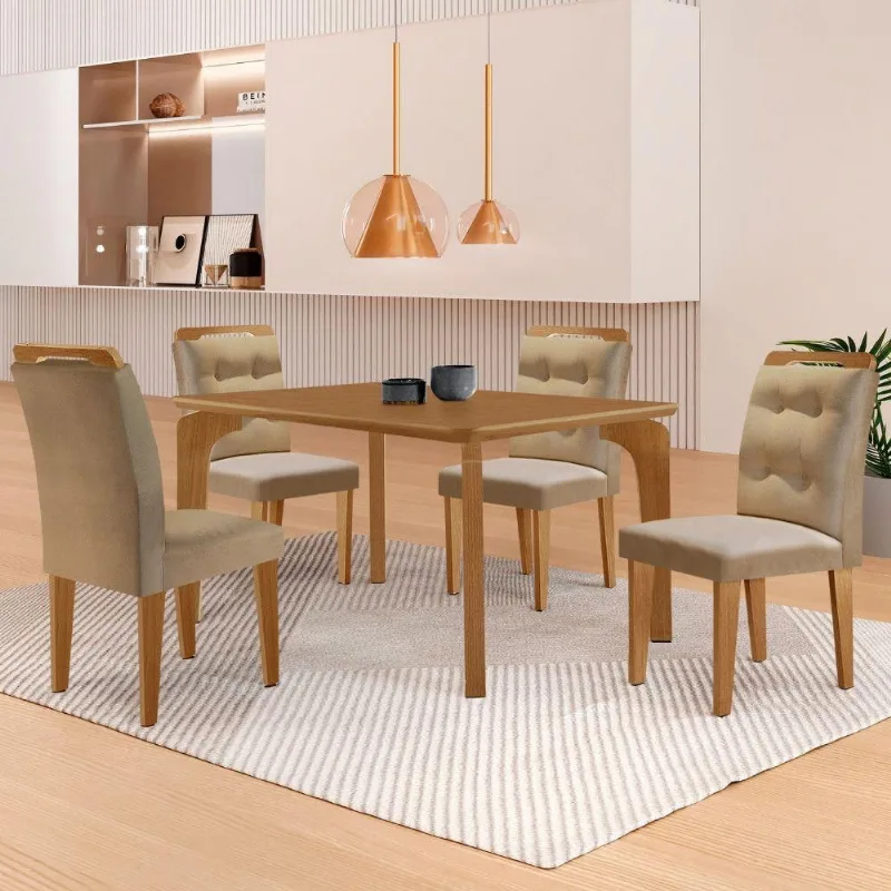 Mesa Liz 120 Mdf Canto Copo E Com 4 Cadeiras Carol Turim 07/naturalle/naturalle