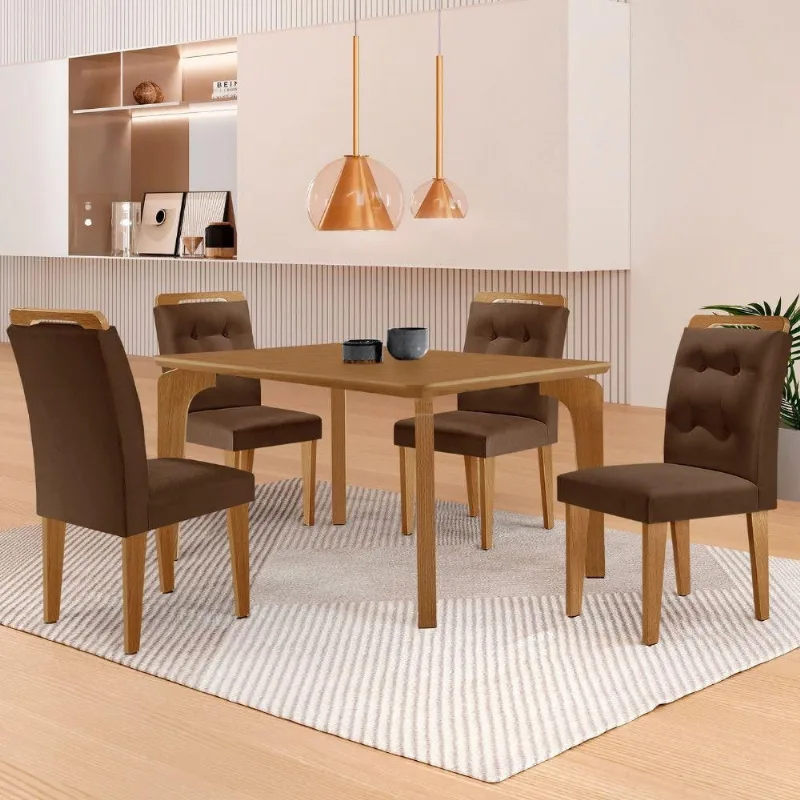 Mesa Liz 120 Mdf Canto Copo E Com 4 Cadeiras Carol Veludo Marrom/naturalle/naturalle