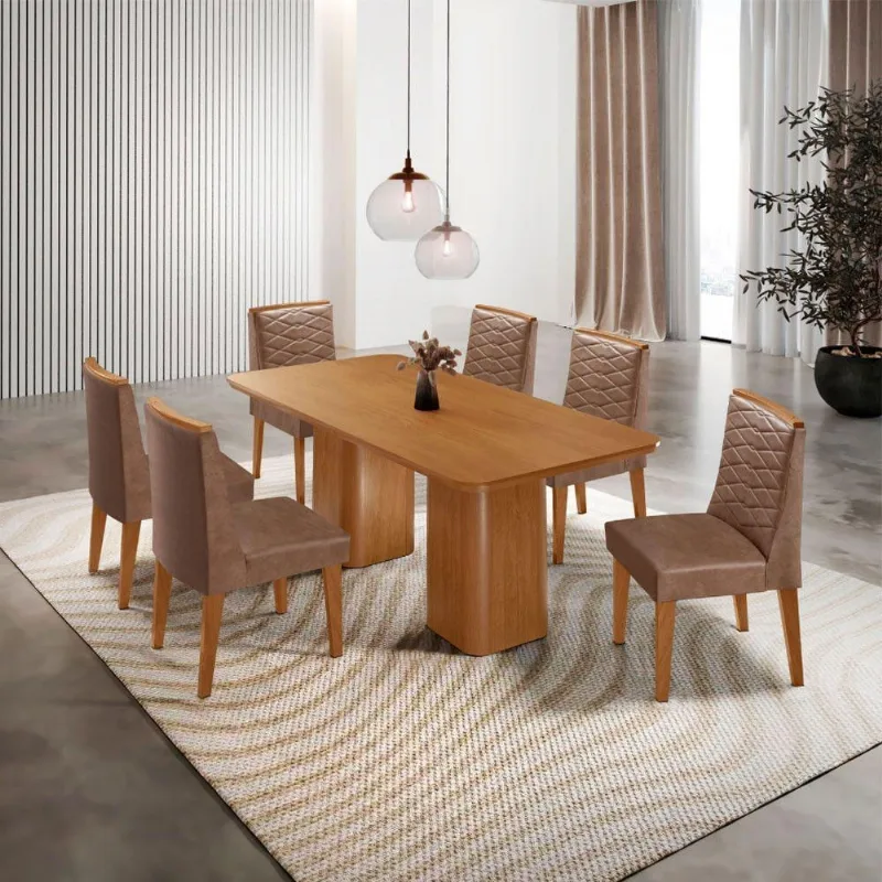 Mesa De Jantar Eloise 180cm Tampo MDF Com 6 Cadeira Moderna Tork Naturale
