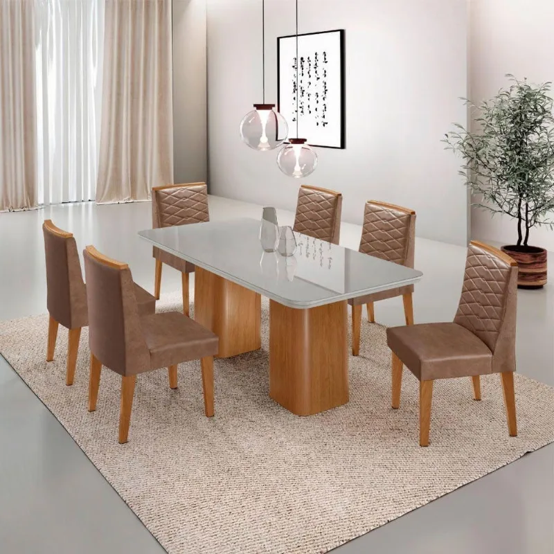 Mesa De Jantar Eloise Tampo MDF Vidro Com 6 Cadeiras Moderna Tork Off White Naturale